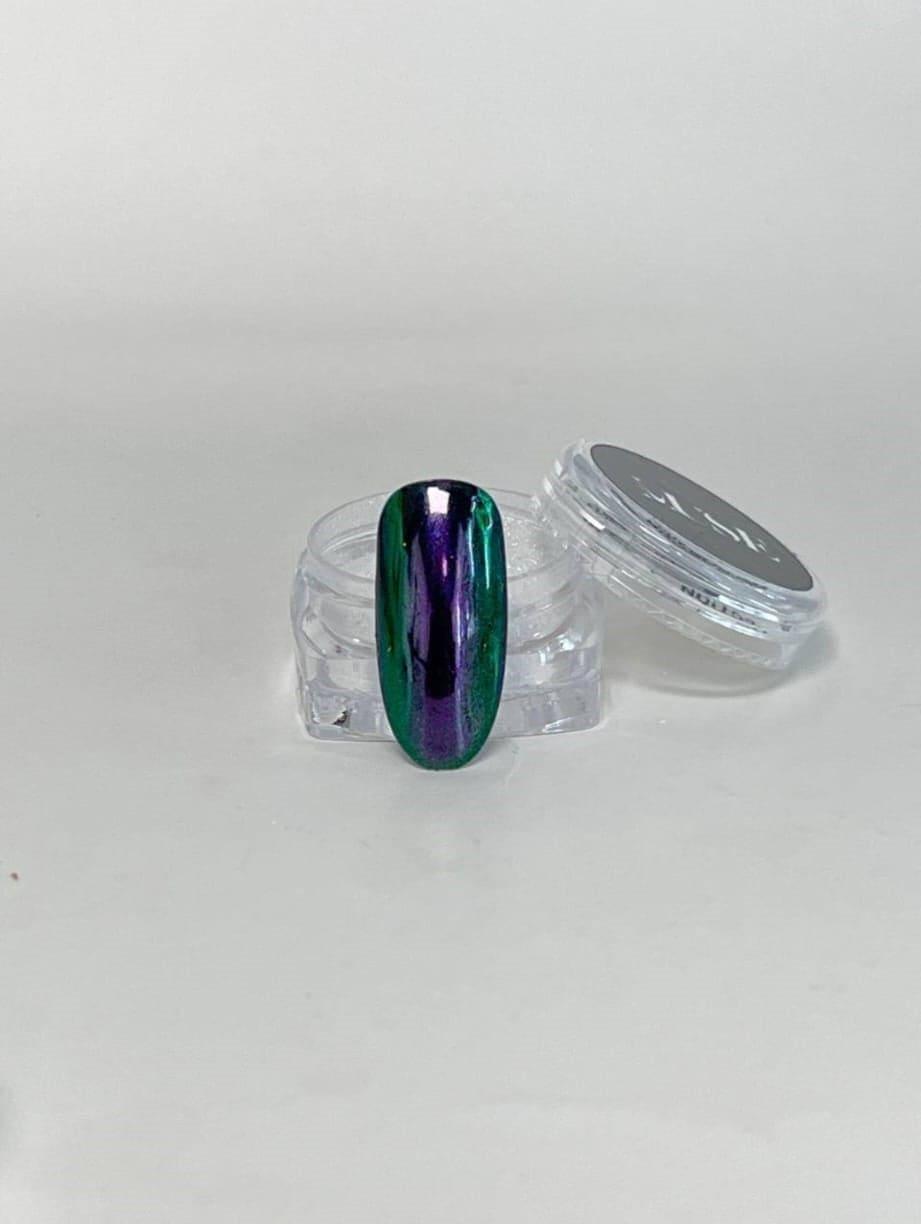 MuseGel Pure Aurora Chrome Powder in jar - ultra-fine holographic nail pigment with blue and purple effects
