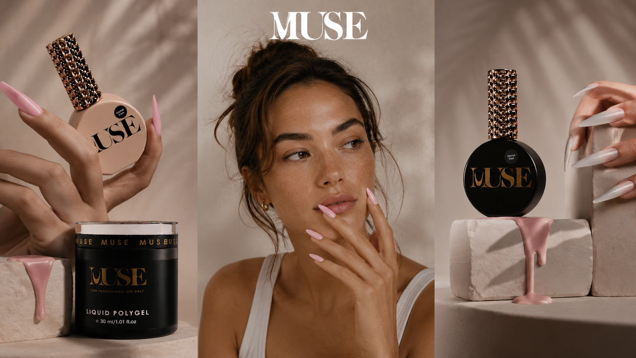 Luxury editorial mobile banner for Muse Gel featuring professional HEMA-free nail products, soft pink polygel textures, glossy almond-shaped nails, and an elegant beauty model in a warm neutral studio setting. High-end modern nail brand aesthetic with black and gold packaging, clean minimal styling, and premium salon-quality visuals.