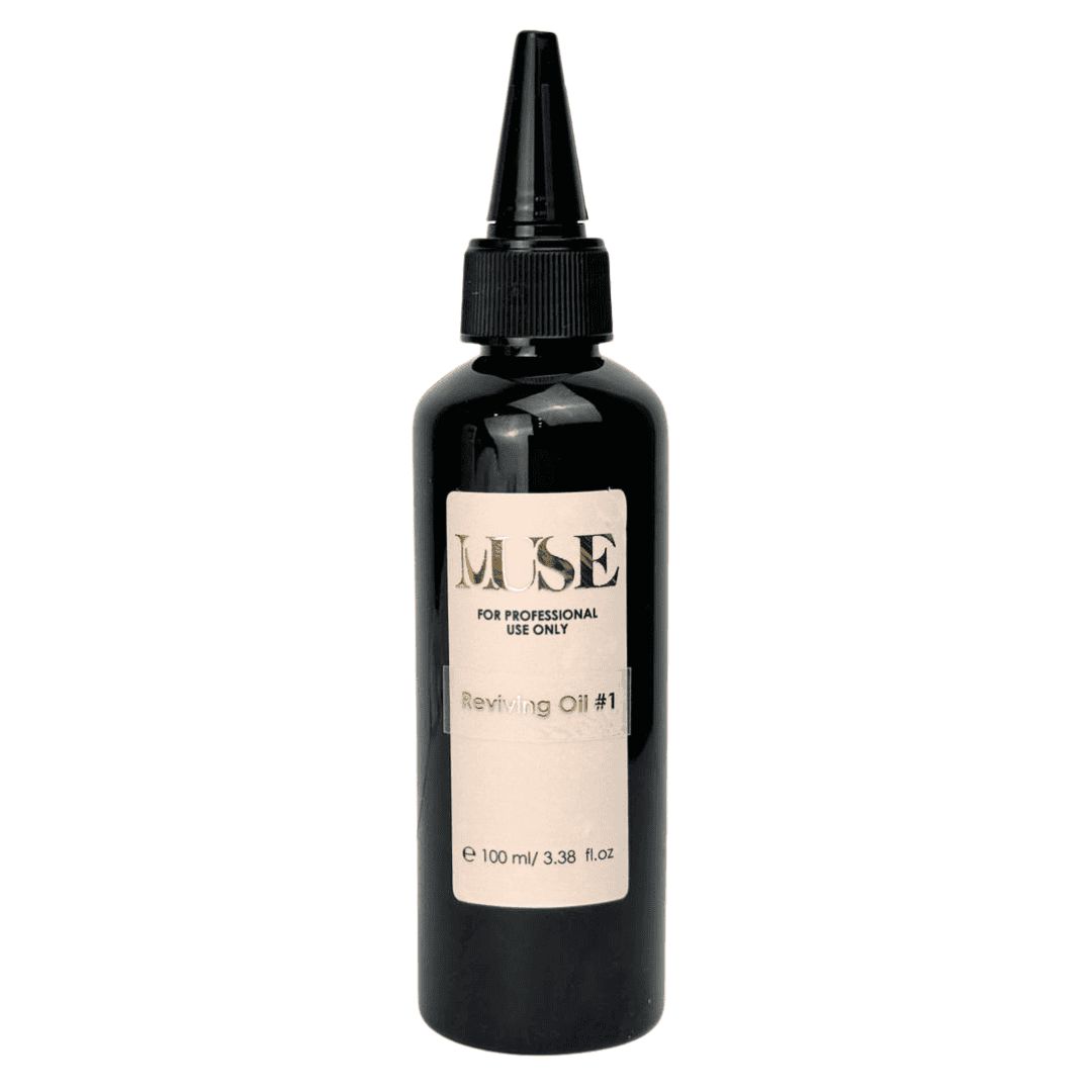 The image features a 100 ml bottle of MuseGel Reviving Oil #1, housed in a dark container with a precise nozzle for easy application. The bottle's beige label highlights the MuseGel logo and marks the product as "Reviving Oil #1," indicating its specialty for professional nail care use.