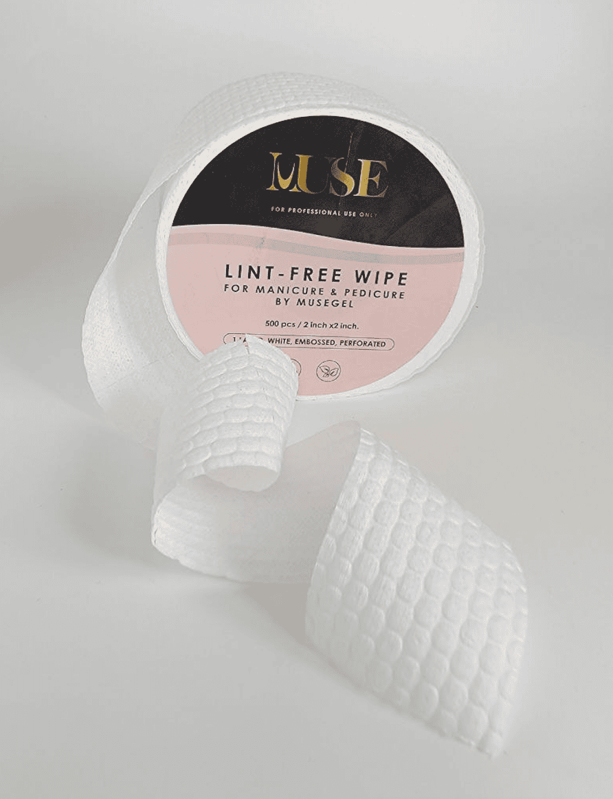 MuseGel Lint-Free Wipe for Manicure & Pedicure, 500 pcs, 2x2 inches, white embossed wipes in a perforated roll