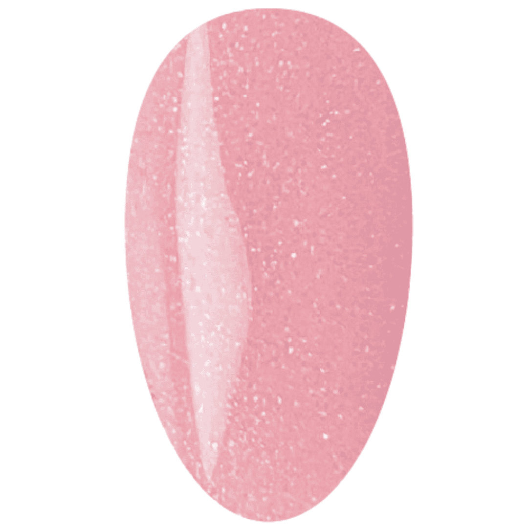 Nail swatch featuring a light pink gel polish with a silver shimmer, creating a subtle and elegant shine.