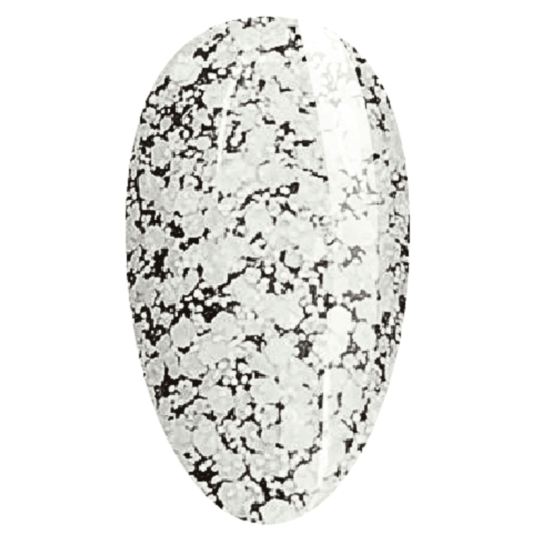 A nail swatch featuring a clear gel polish with various sizes of white glitter particles, giving a snowflake-like effect.