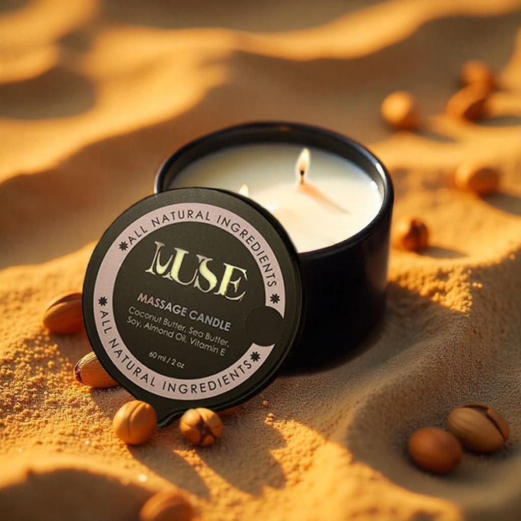 Muse Bum Bum massage candle with beach-inspired scent notes