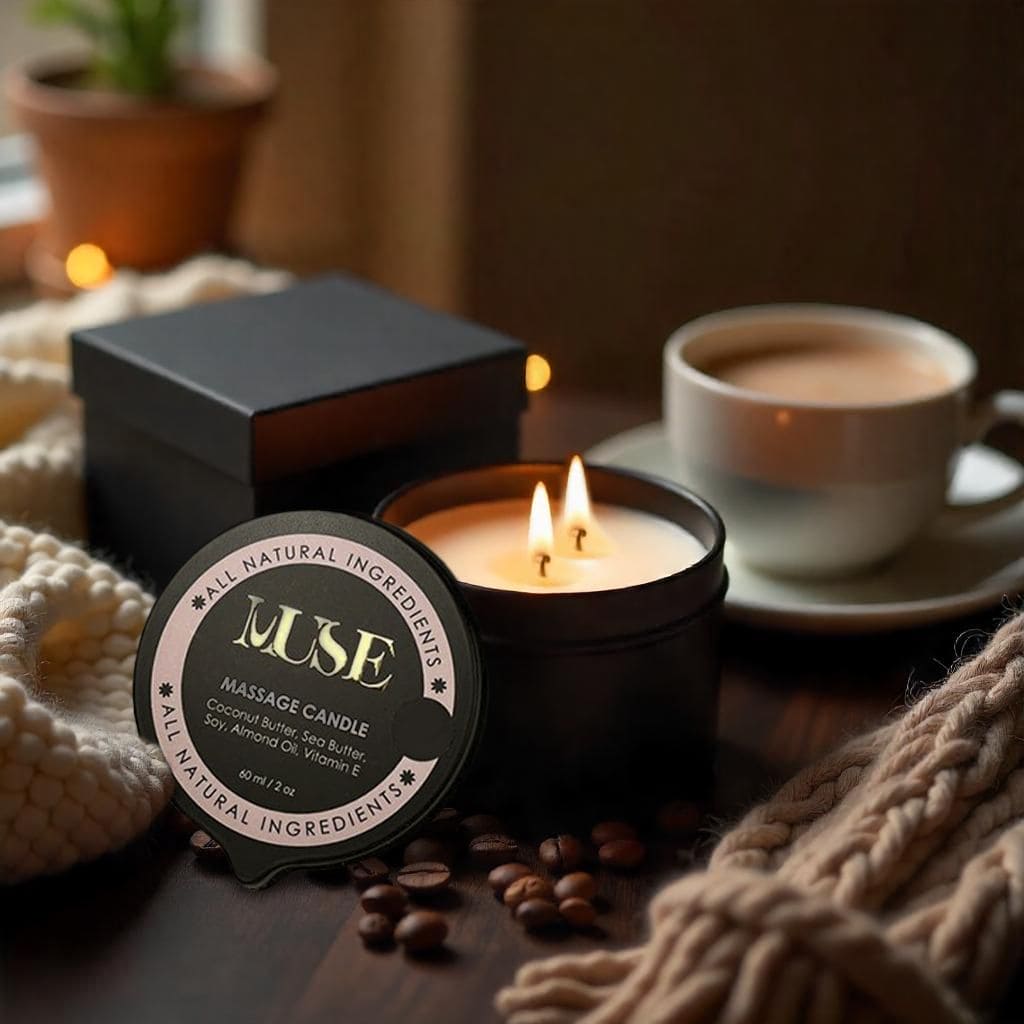 Muse Coffee Snug massage candle with cocoa and cashmere notes