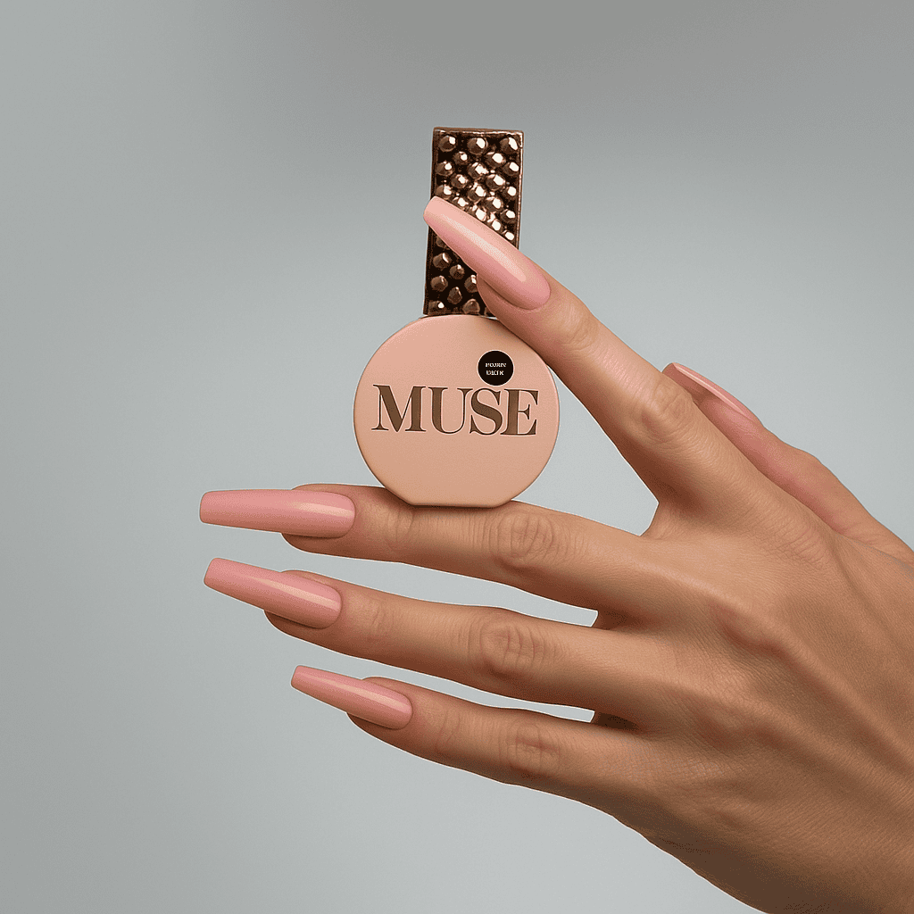 Hand holding a Muse product with a plain background, gel polish , nude pink