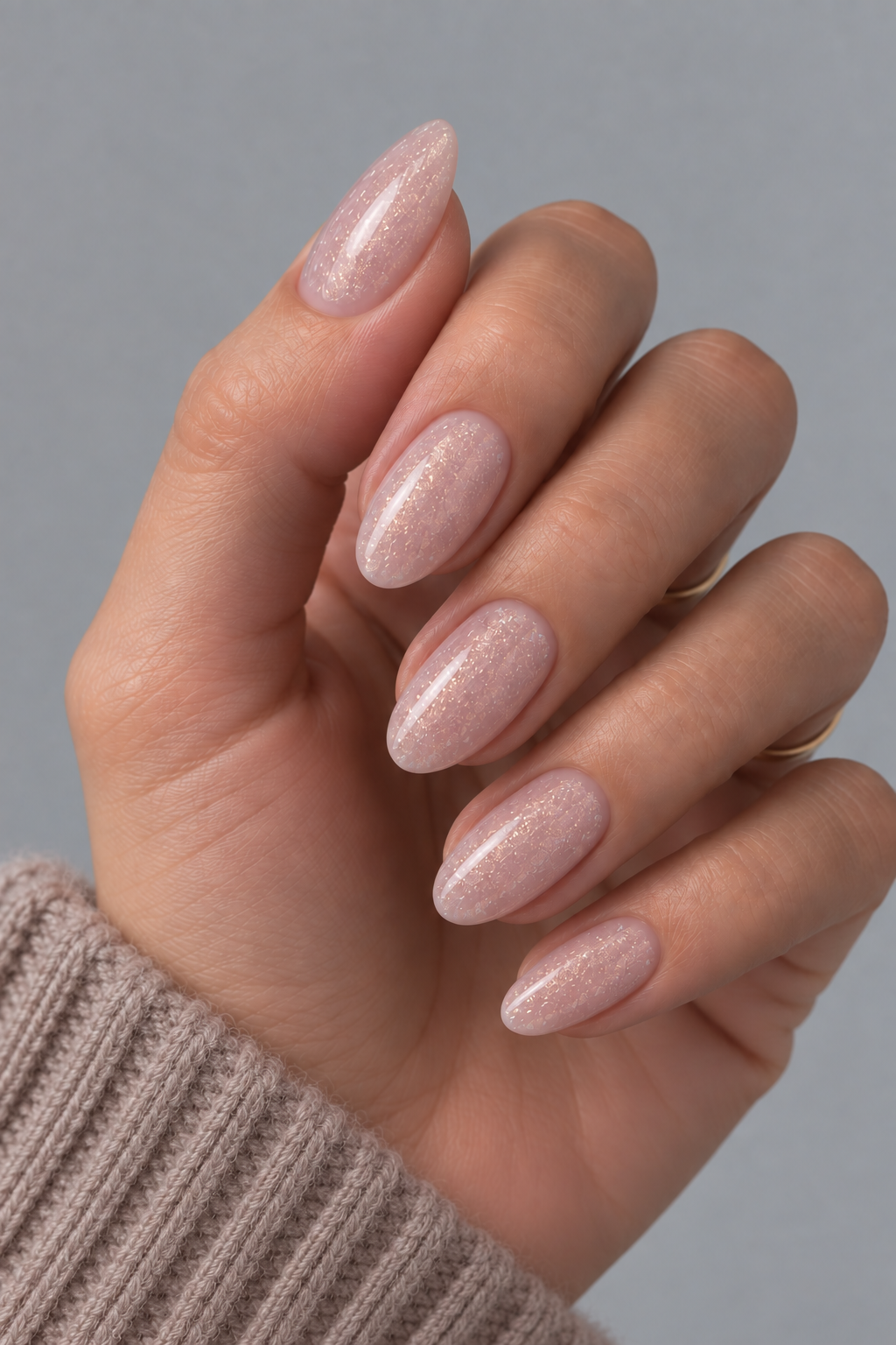 Muse Gel soft blush pink Heat-Free Builder Gel with fine golden shimmer, HEMA and TPO-free professional structured gel manicure