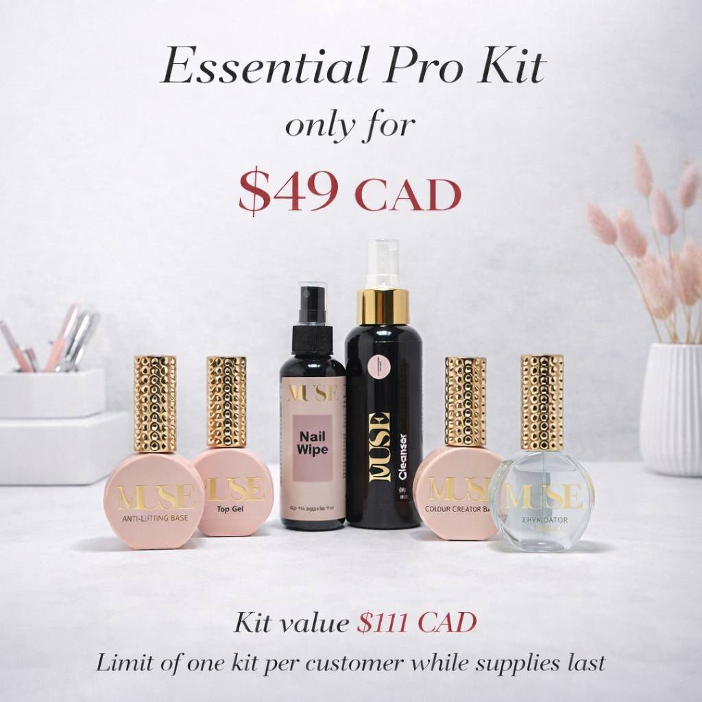 Discover Muse quality with our most-needed professional essentials—all full size.

This kit is created for nail techs who want to experience Muse performance, control, and finish in real salon use.

What’s Inside (All Full Size)

Gel Polish ( Rendom Color)

Clear Top Coat (Best Seller)

Clear Base Gel (Best Seller)

Nail Prep

Nail Bond

Nail Wipe 200ml

Wipe 100ml
Value

Retail value $111 Cad
Your price: $49 Cad

A simple, risk-free way to experience why professionals choose Muse Gel.