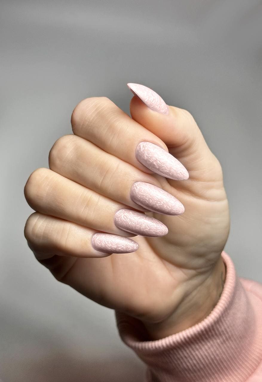 Soft blush pink nails with a velvety satin finish, showcasing Muse Satin Blush Pink Gel Polish.