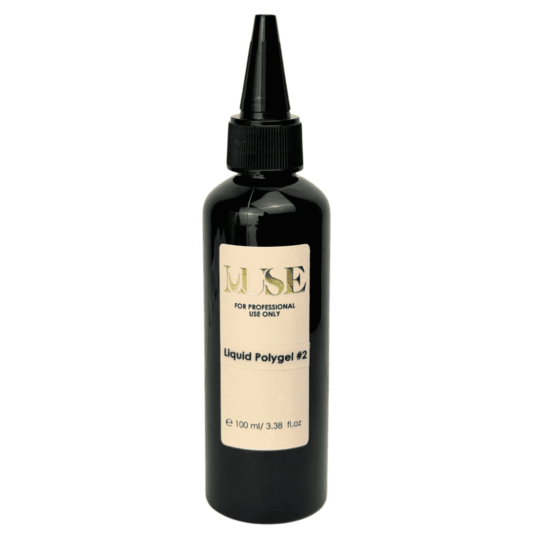 The image shows a 100 ml bottle of MuseGel Liquid Polygel #2, presented in a professional black bottle with a pointed nozzle for precise application. The label is in a beige color featuring the MuseGel logo, highlighting the product name and indicating it is for professional use.