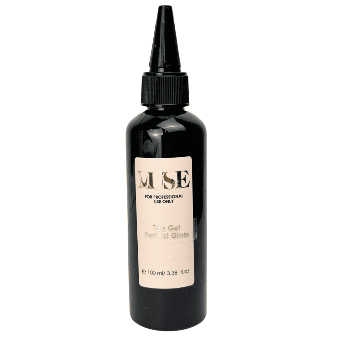 The image shows a 100 ml bottle of MuseGel Top Gel labeled 'Perfect Gloss', designed for professional use. The bottle is opaque black with a precision application nozzle, and the label is beige with black lettering, emphasizing the product's high-quality glossy finish for nail applications.