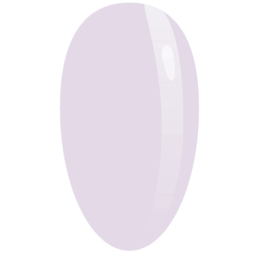 A swatch of the lavender polygel shown as a polished finish on a nail-shaped display, demonstrating the color and texture of the product.