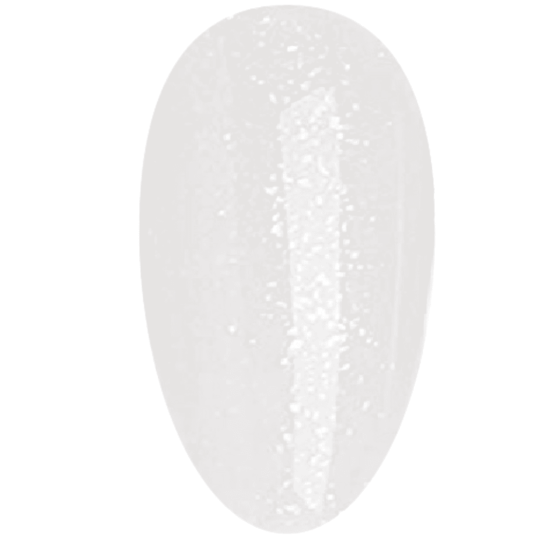 A swatch of the MuseGel Polygel presented as a rounded nail shape, showcasing a pearlescent white color with a glittery finish, simulating how the product would appear when applied.