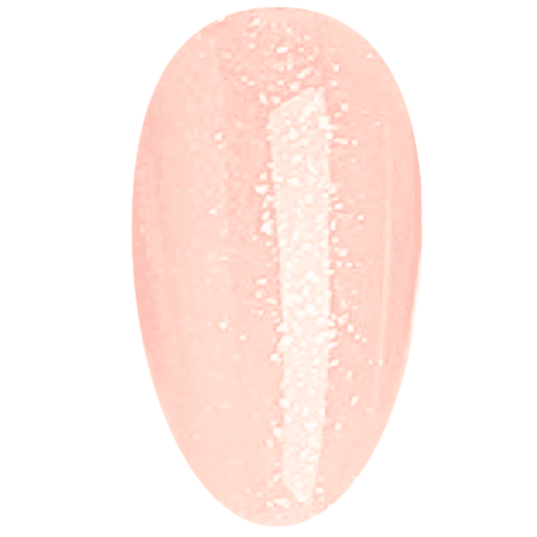A sample nail swatch showing the applied MuseGel Polygel from the tube, which is a pale pink with a glittery, sparkly finish.