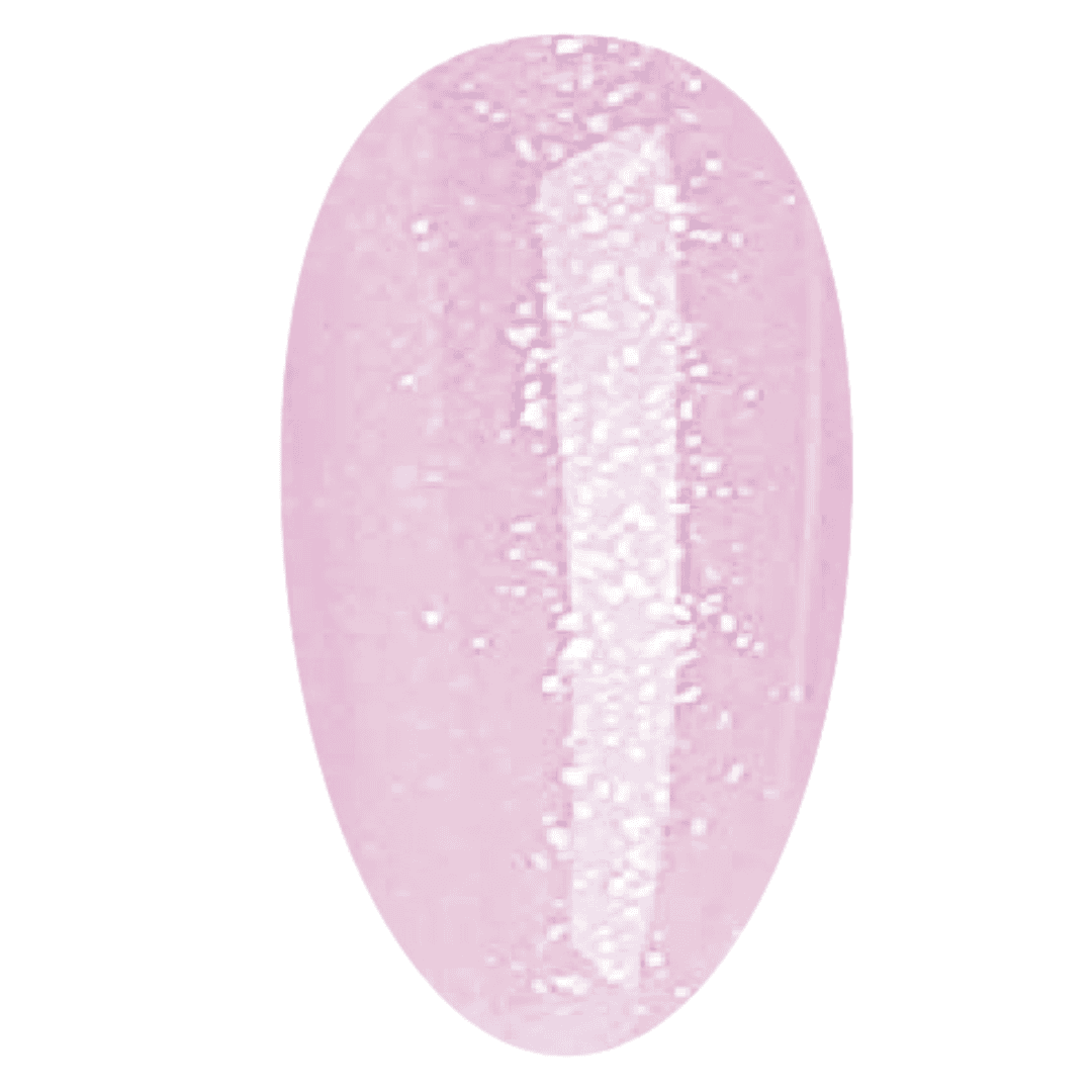 A digital illustration representing a swatch of MuseGel Polygel. The swatch is oval-shaped and colored in a soft pink hue with visible glitter specks throughout. The texture looks smooth with a shiny, reflective surface suggesting a gel-like finish.