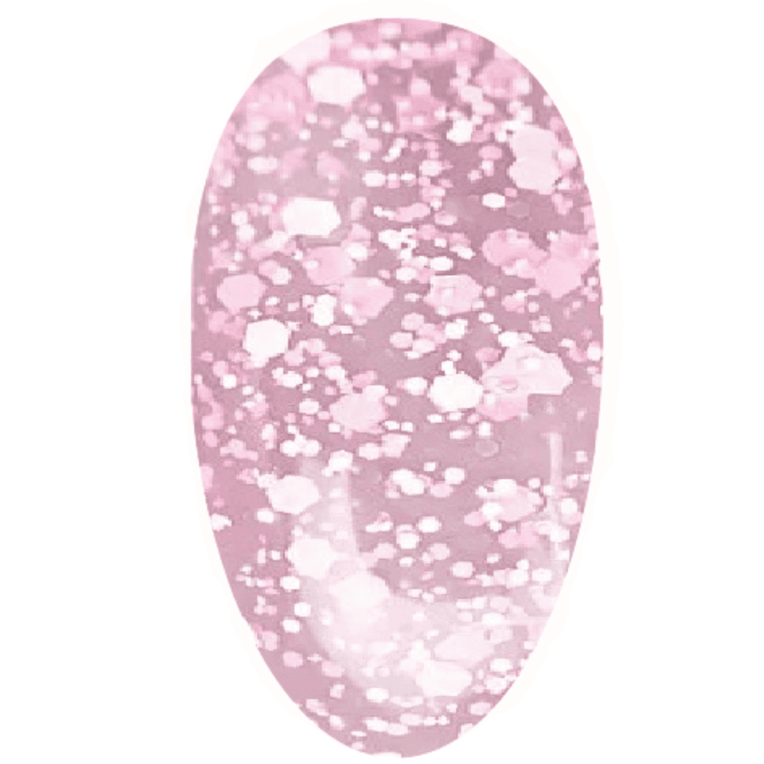 A digital illustration of a nail swatch displaying the polygel's pastel pink color with a glittery finish, suggesting a sparkling texture against a white backdrop.