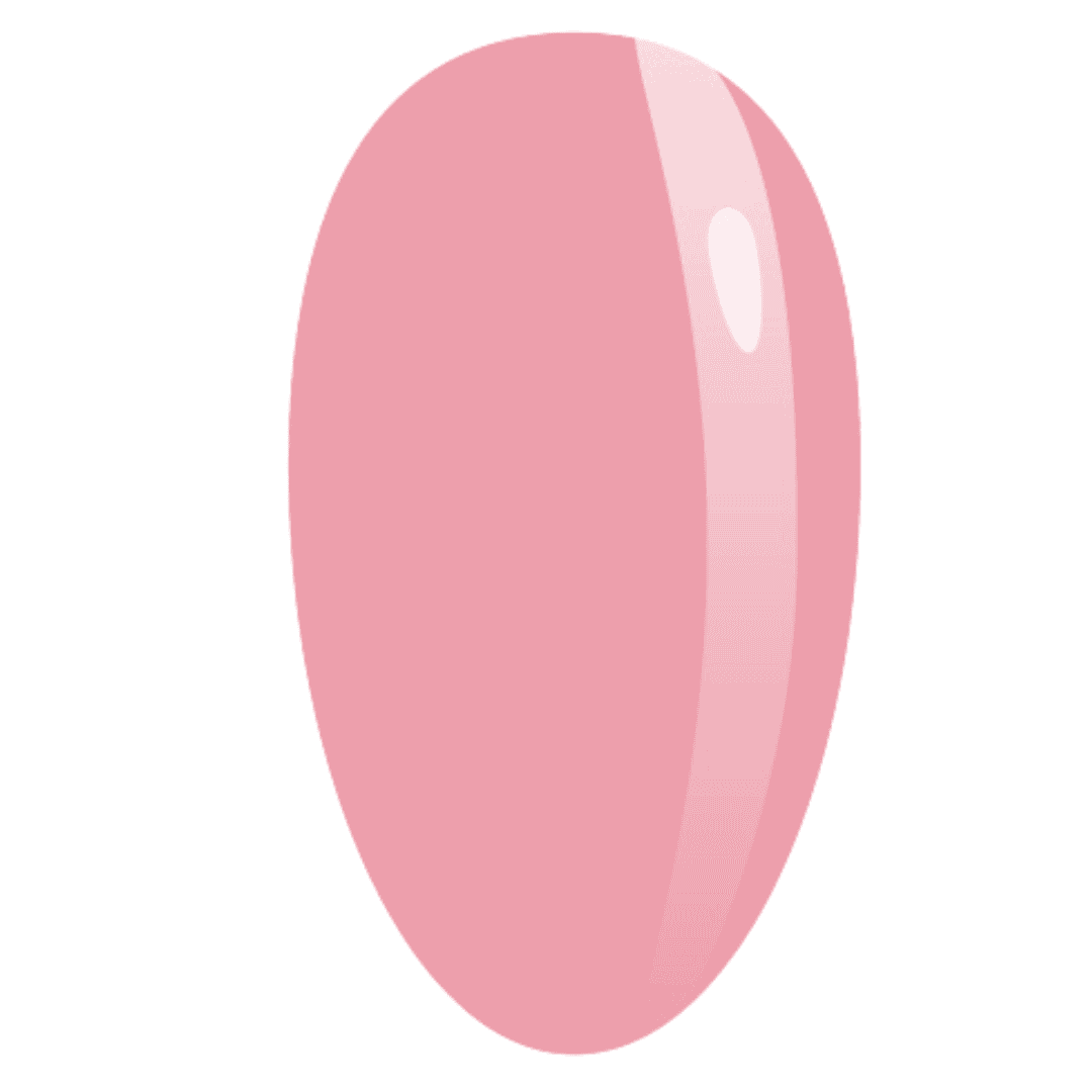"A swatch of MuseGel Polygel showing the product's color and texture, a pale pink with a glittery finish, displayed in an oval shape representing a nail extension."
