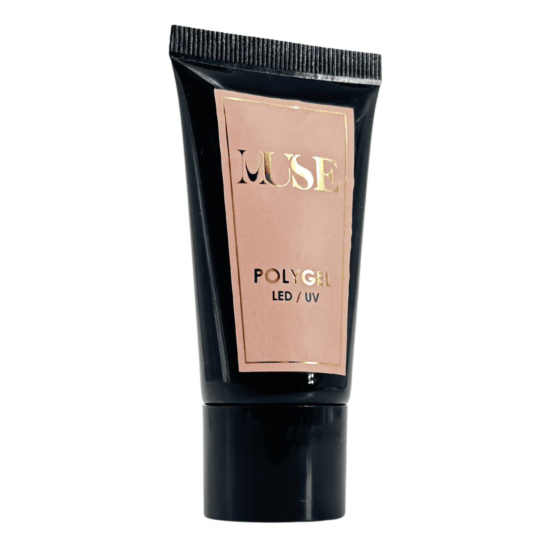 A black tube of MUSE polygel designed for nail enhancements, featuring a stylish rose gold label, indicating that it cures under LED or UV light.
