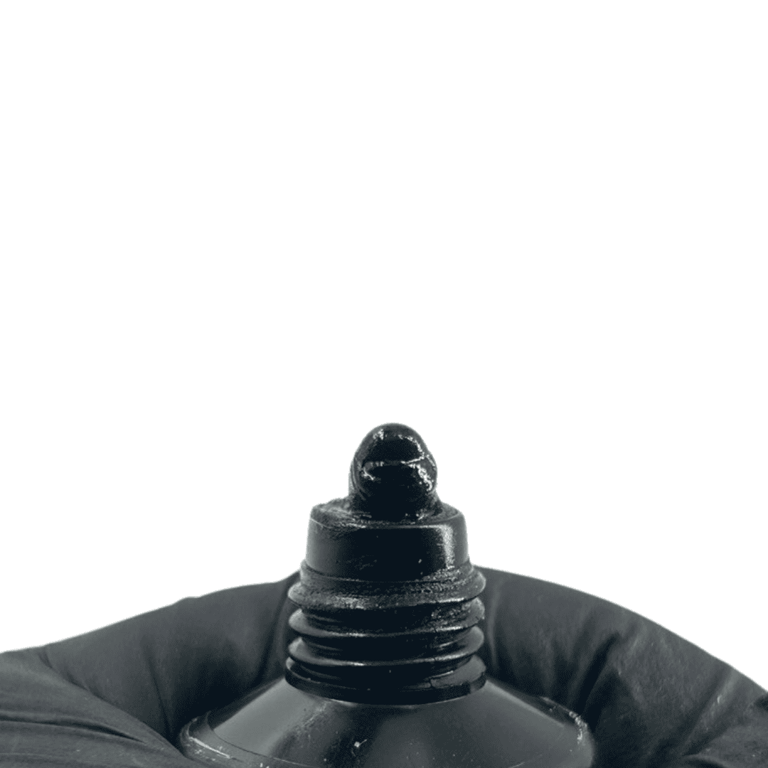  A close-up of the tube's nozzle with a glossy black polygel protruding, indicative of the product's texture and rich color for nail artistry.