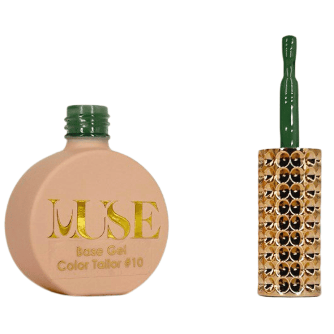 This image depicts a bottle of nail polish or gel with the label "MUSE Base Gel Color Tailor #10" on the left, part of a series of cosmetic nail products. On the right is a brush with a handle decorated with two rows of studs in gold and black, presenting a chic and elegant design.