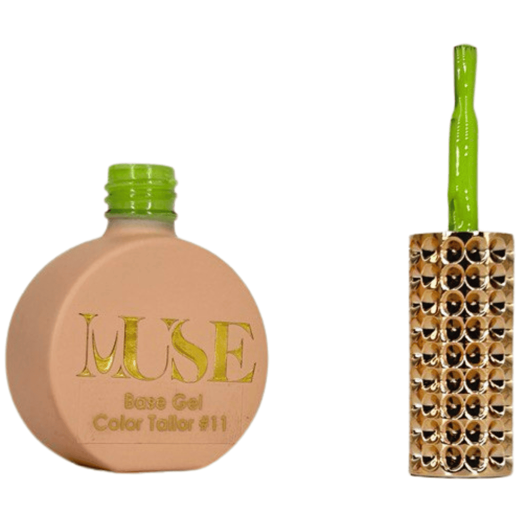 This image features a bottle of nail polish or gel labeled "MUSE Base Gel Color Tailor #11" on the left, which is a part of a beauty product collection. Alongside on the right is the brush applicator, which has a handle ornately designed with two rows of gold and black studs, giving it a luxurious and stylish appearance.