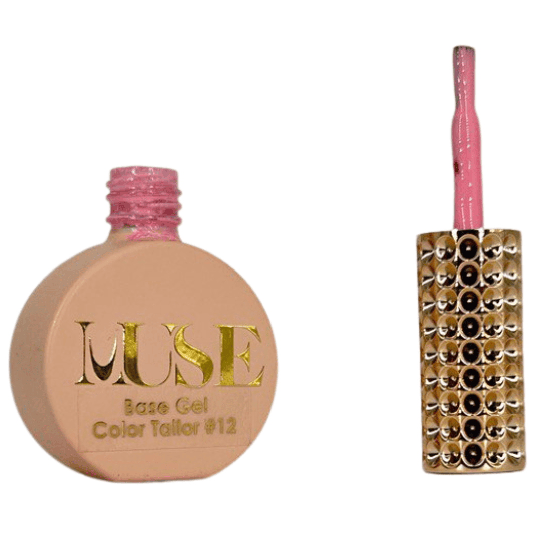 The image shows a bottle of nail polish or gel labeled "MUSE Base Gel Color Tailor #12" on the left, which is part of a collection of nail cosmetics. On the right side, there is a brush with a handle ornately decorated with two rows of gold and black studs, signifying a posh and decorative design for a beauty tool.
