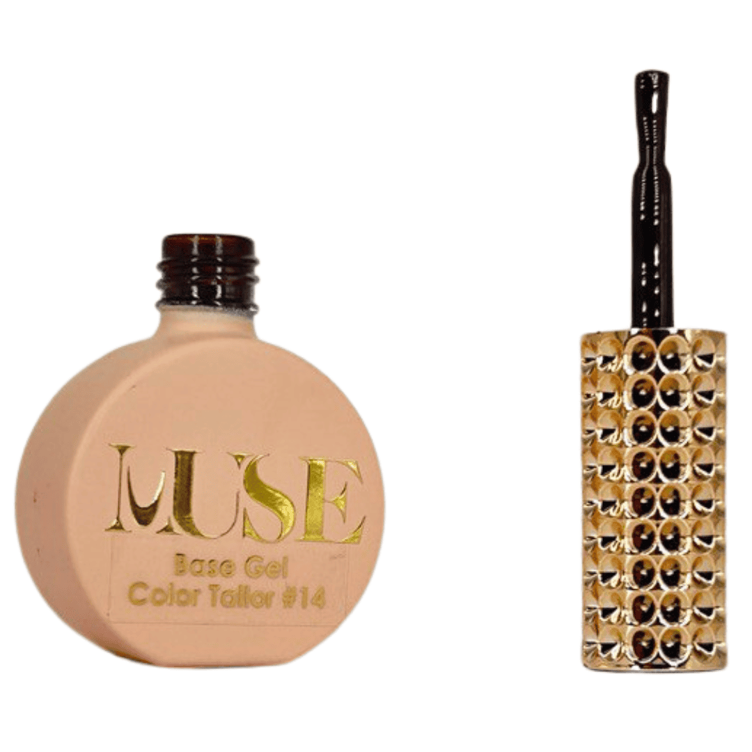 This image features a nail polish or gel bottle labeled "MUSE Base Gel Color Tailor #14" on the left, indicating a specific shade in a series of nail cosmetics. Adjacent on the right is the brush applicator, with a handle that has an elaborate design adorned with two rows of gold and black studs, suggesting an ornate and stylish beauty tool.