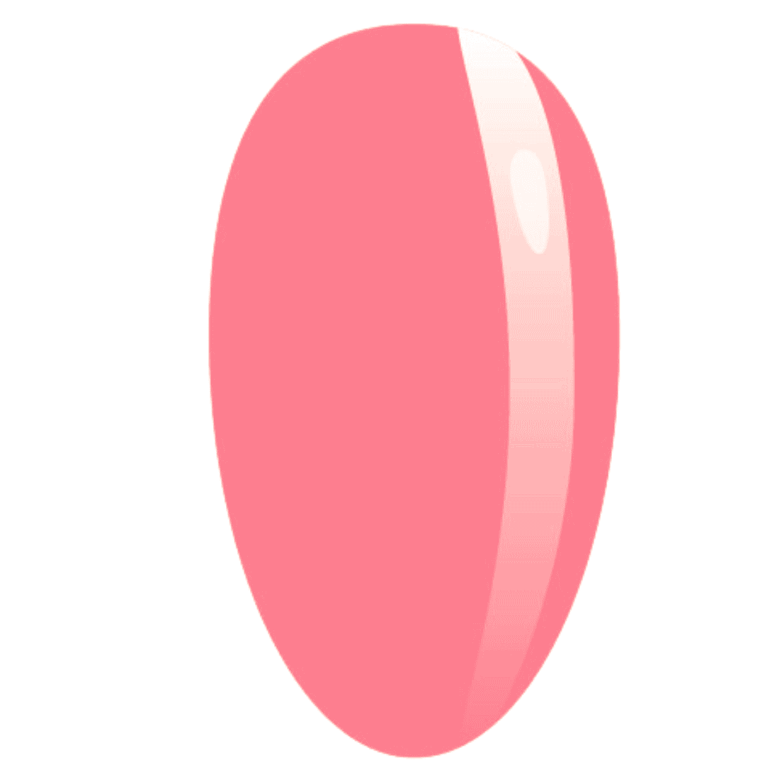 A digital illustration of a glossy, oval-shaped nail color swatch in a vibrant coral pink shade, likely used to represent the actual color of a nail polish or gel product in marketing or displays.