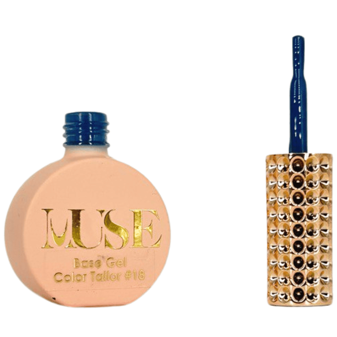 "A bottle of MUSE Base Gel in a peach tone labeled Color Tailor #18 with the cap off, accompanied by a brush with a blue handle and a gold-studded brush head."