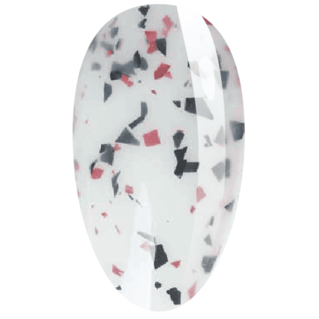 "A digital illustration of a single glossy nail featuring a clear base with scattered black, red, and gray confetti-like flecks, representing the nail polish style from the bottle."