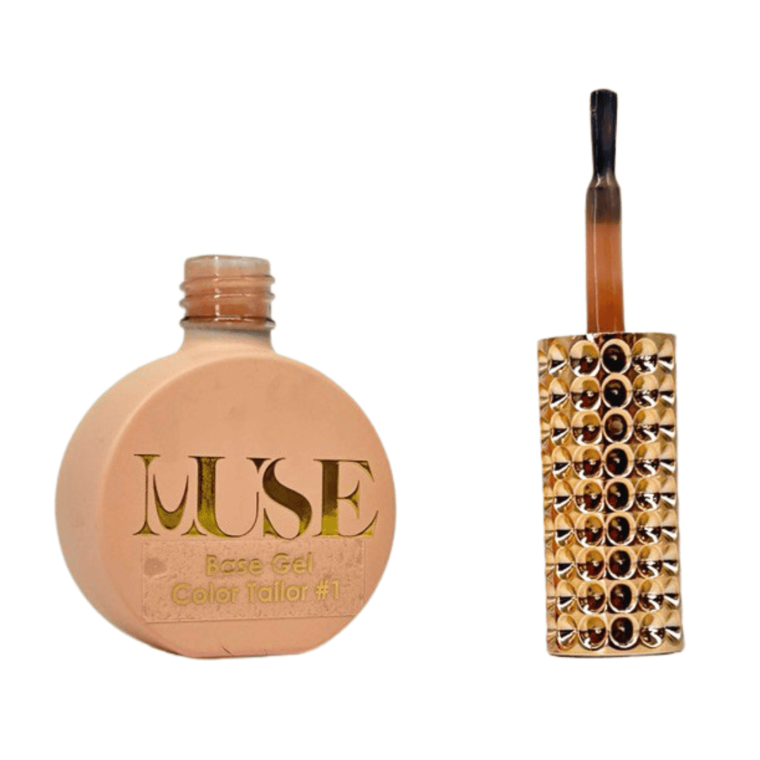 This image shows two components of a cosmetic product, likely a nail polish. On the left is a bottle with a peachy nude shade labeled "MUSE Base Gel Color Tailor #1." On the right is the brush applicator for the polish, with a luxurious-looking handle adorned with shiny, gold-toned studs.