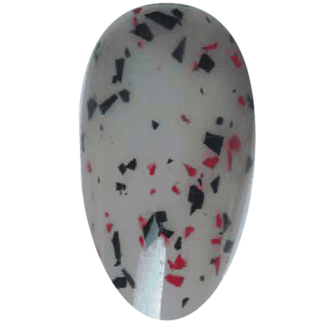 "A digital illustration of a single glossy nail featuring a clear base with scattered black and red confetti-like flecks, representing the nail polish style from the bottle."