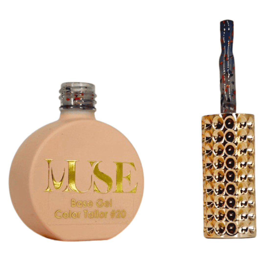 A bottle of MUSE Base Gel in a light peach shade labeled Color Tailor #20 with the cap off, showing a brush with a handle speckled with red and black dots and a gold-studded brush head."