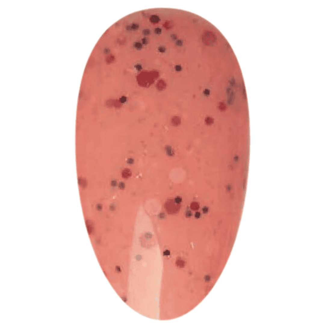 "A digital illustration of a single glossy nail painted in a coral pink base with various sizes of red and black speckles, representing the textured appearance of the nail polish from the bottle."