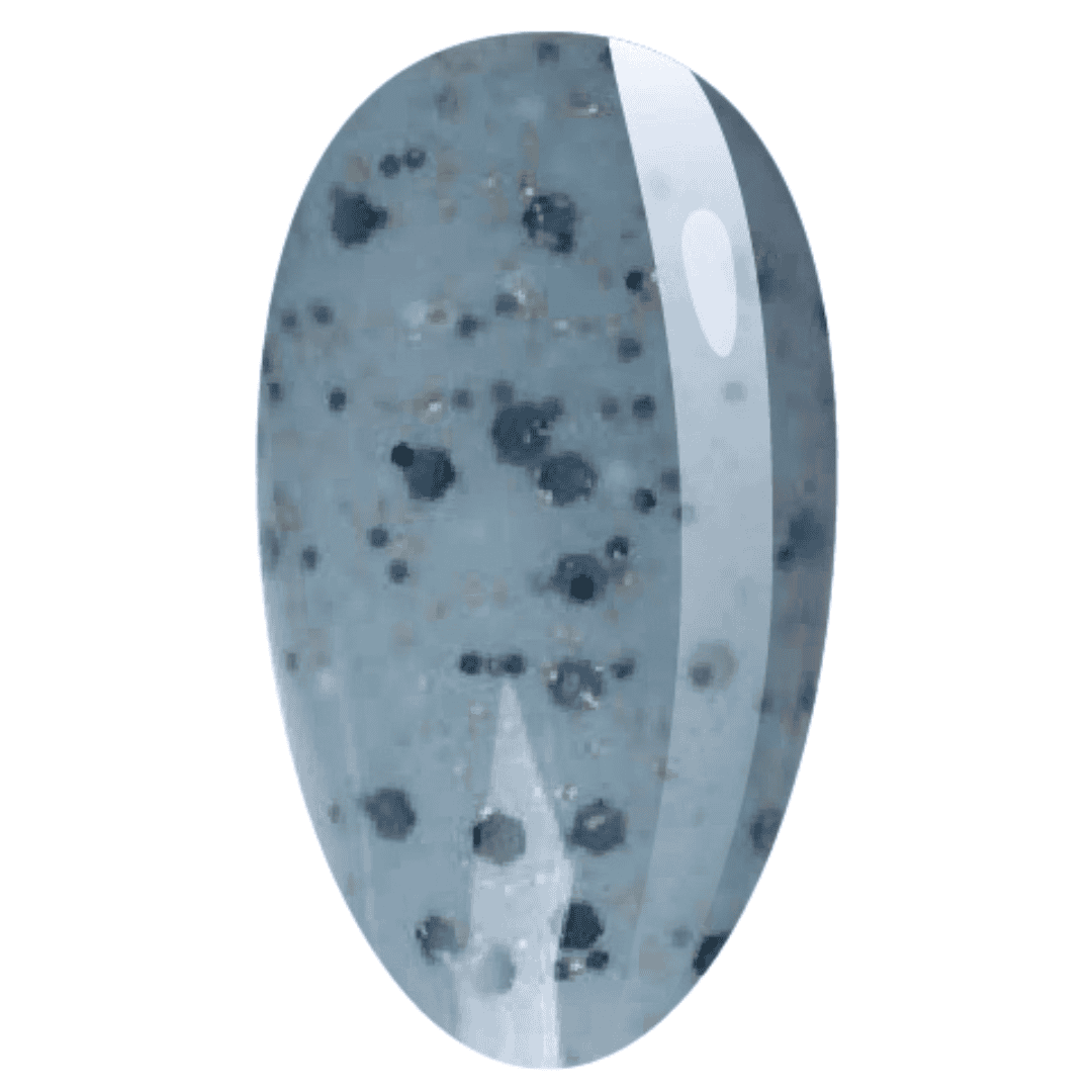 "A digital illustration of a single glossy nail painted in a pale blue base with a speckled pattern of black and gold flecks, representing the nail polish style from the bottle."