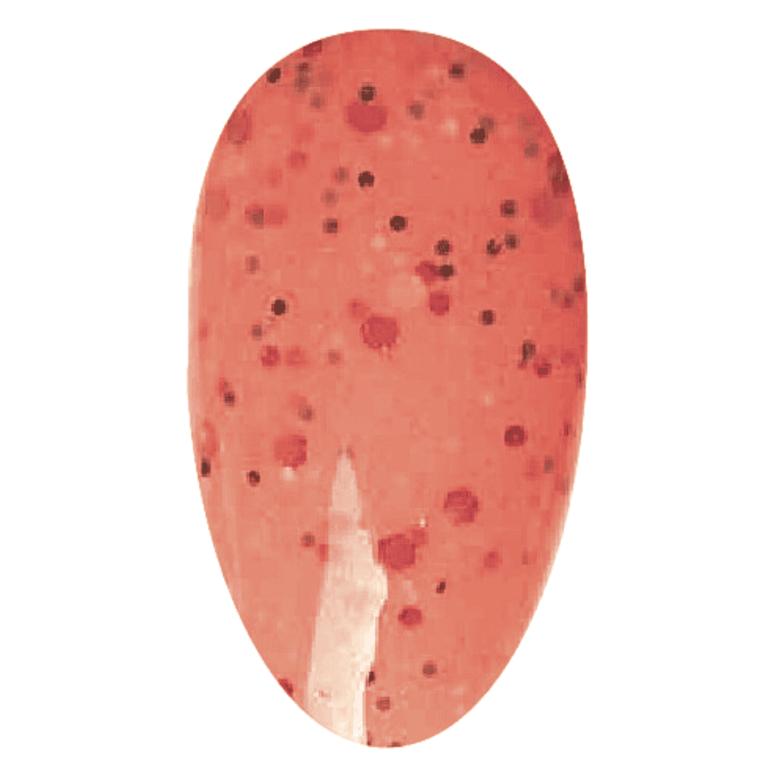 "A digital illustration of a single glossy nail painted in a vibrant coral base with various sizes of red and black speckles, representing the textured nail polish from the bottle."