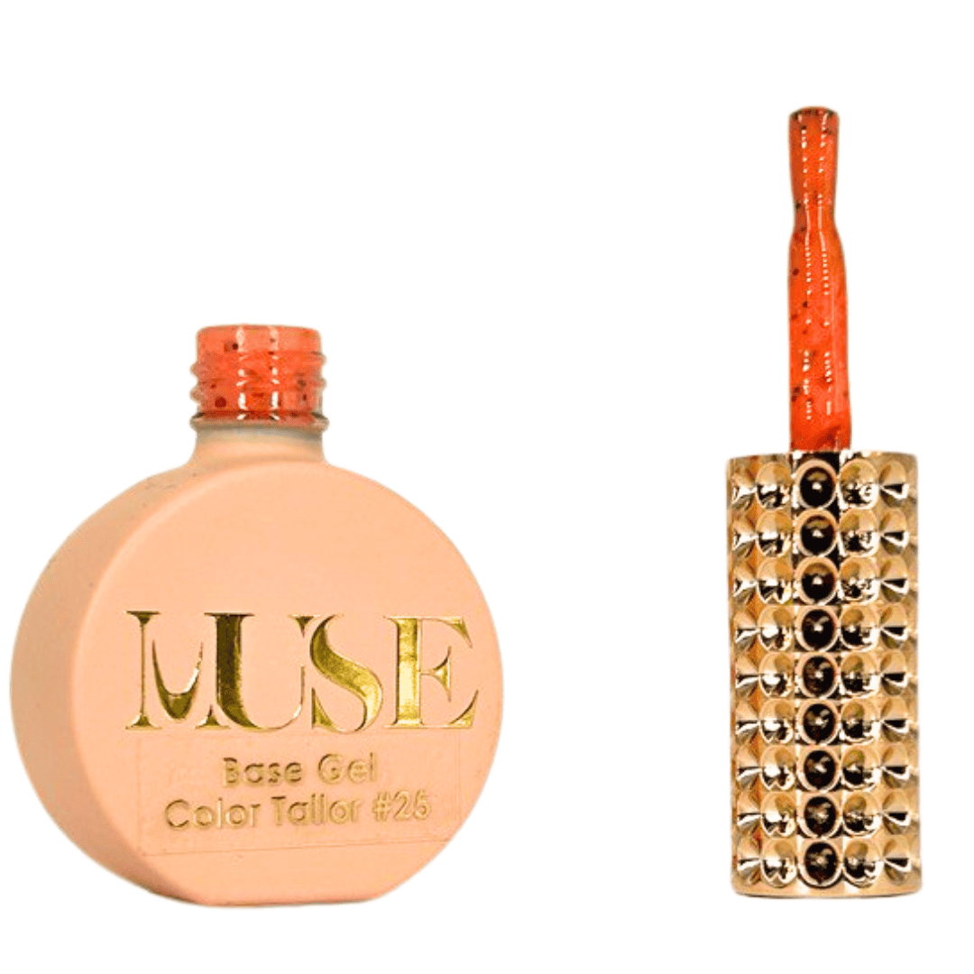 "A bottle of MUSE Base Gel in a light peach shade labeled Color Tailor #25 with the cap off, featuring a brush with an orange glittery handle and a gold-studded brush head."
