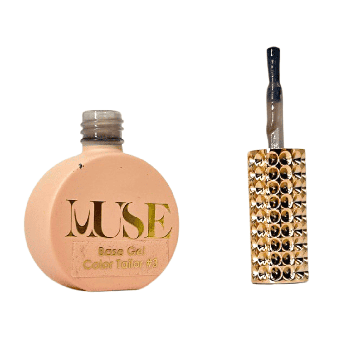 This image features a bottle of nail polish or gel on the left with a label reading "MUSE Base Gel Color Tailor #3," suggesting a specific shade within a line of nail products. To the right is a brush applicator with a handle embellished with a double row of alternating gold and black studs, indicating a high-end or decorative cosmetic tool.