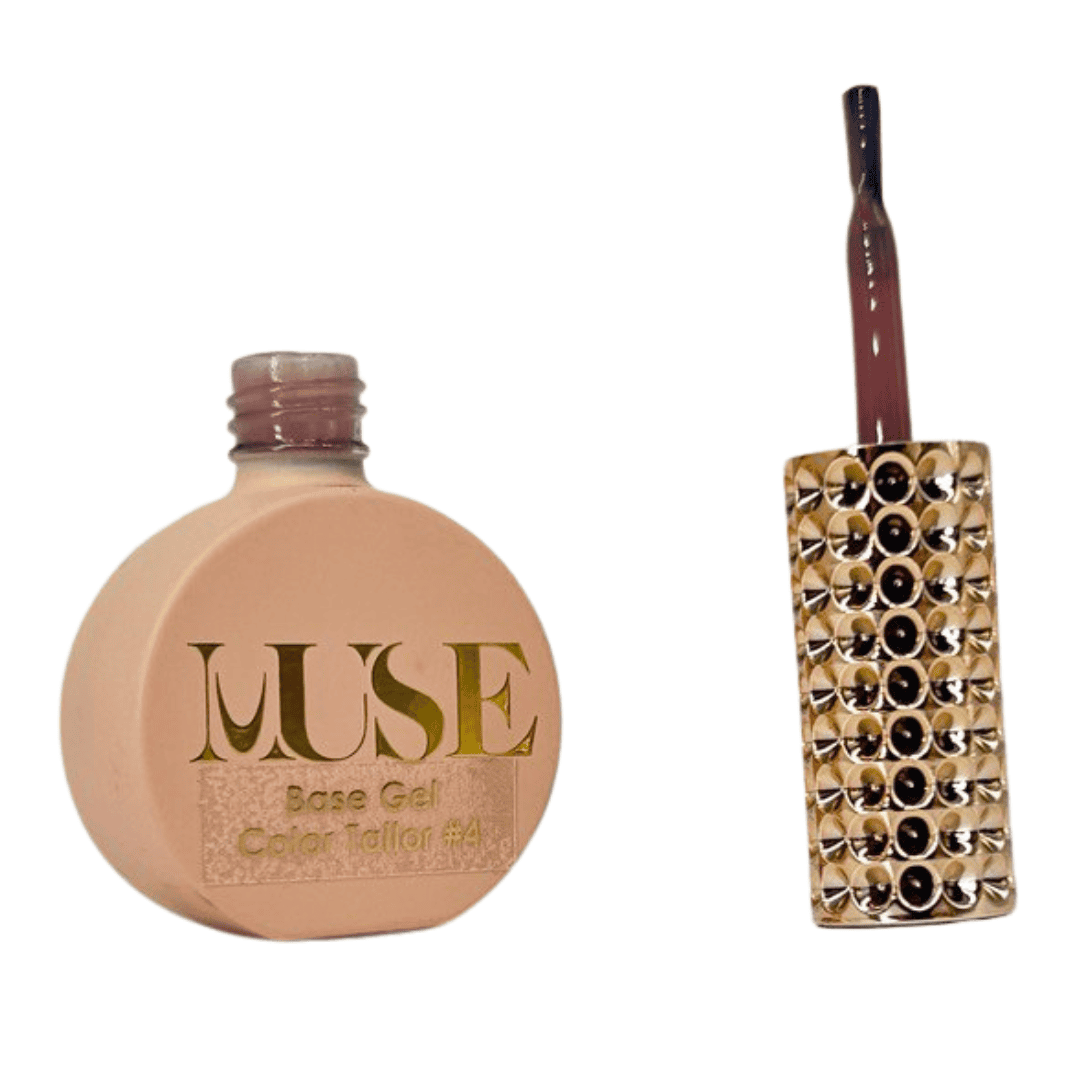 This image displays a bottle of nail polish or gel on the left with a label that reads "MUSE Base Gel Color Tailor #4," suggesting it's a variant of a beauty product line. To the right is a brush applicator with an intricately designed handle featuring two rows of shiny, gold and black studs, which gives it a luxurious and decorative appearance.