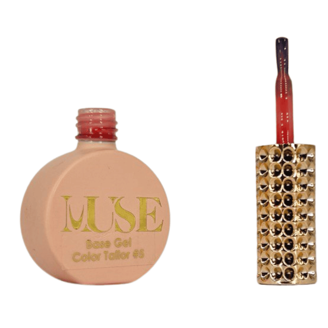 The image shows two items related to nail cosmetics. On the left, there's a nail polish or gel bottle labeled "MUSE Base Gel Color Tailor #5," indicating a specific color in a product line. The right shows a brush applicator with a handle that has a unique design, adorned with a double row of shiny gold and black studs, which adds a decorative and luxurious touch to the product.