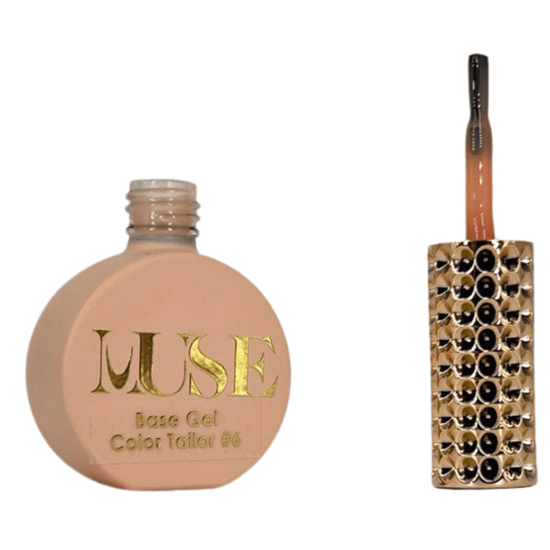 This image showcases a nail polish or gel bottle with the label "MUSE Base Gel Color Tailor #6" on the left, which is part of a series of nail color products. Next to it is a brush with a long handle embellished with two rows of alternating gold and black studs, providing a decorative and elegant look to the nail application tool.
