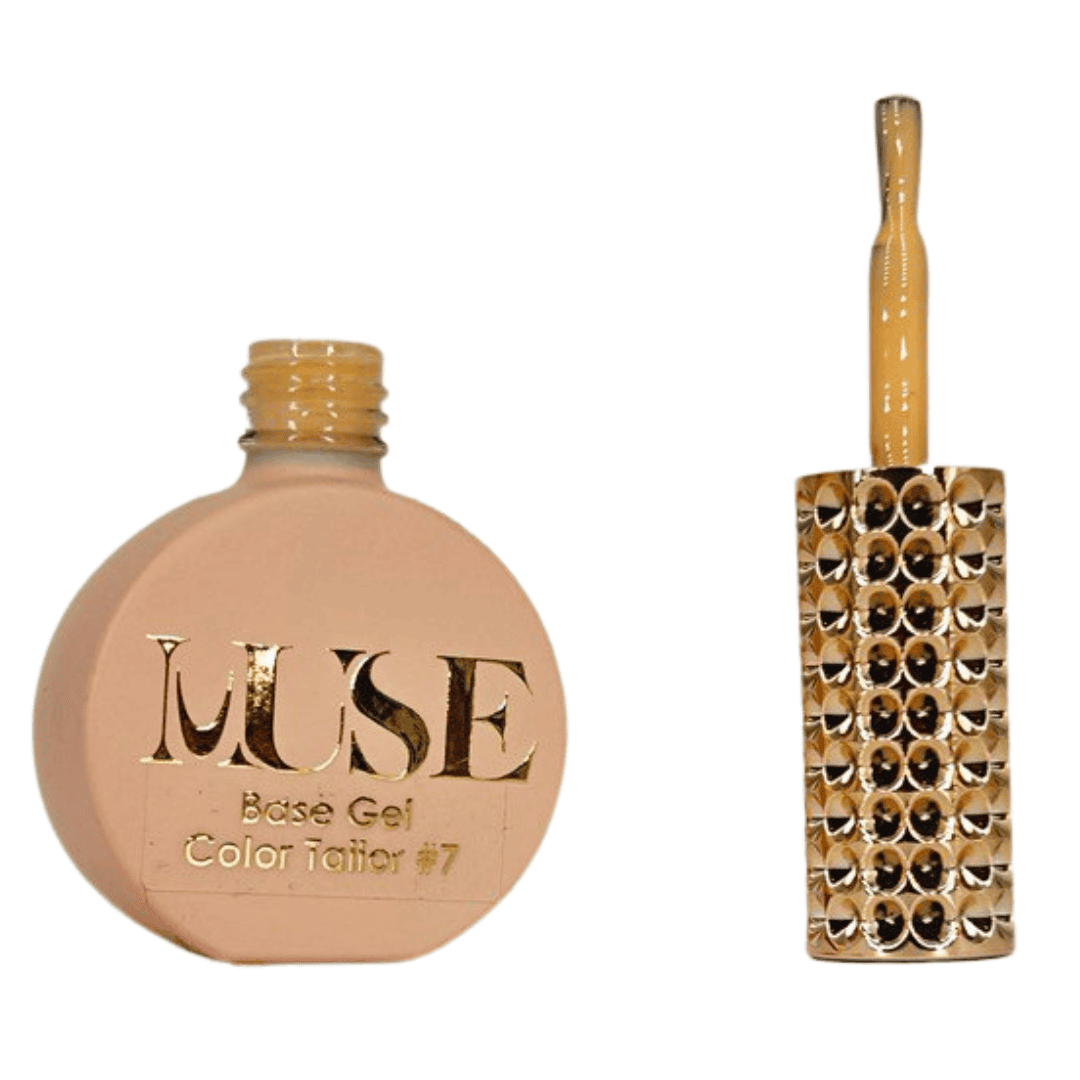 This image features a bottle of nail polish or gel on the left with the label "MUSE Base Gel Color Tailor #7," suggesting it is a part of a series of nail beauty products. Accompanying it on the right is a brush with an elaborate handle designed with two rows of gold and black studs, which gives it a luxurious and fashionable appearance.