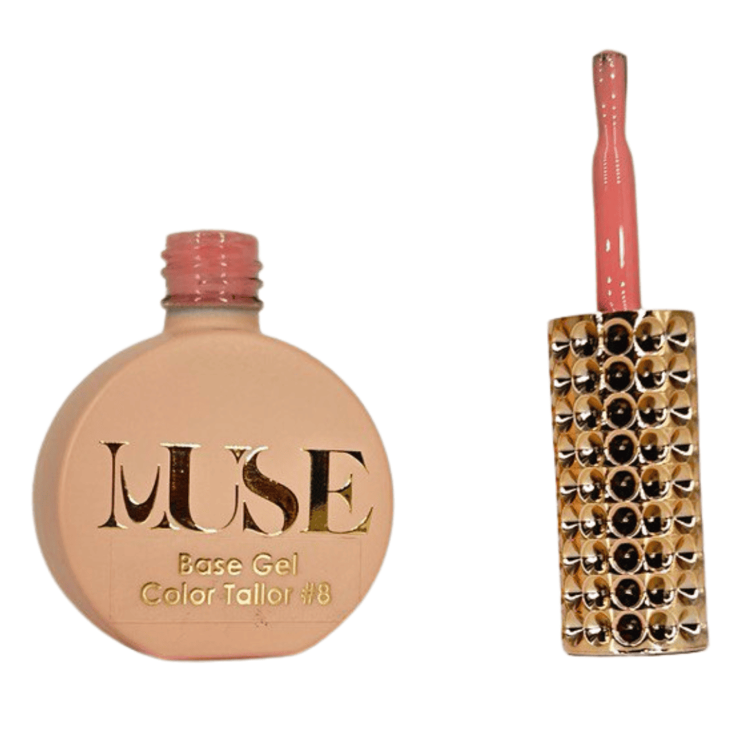 This image presents a bottle of nail polish or gel labeled "MUSE Base Gel Color Tailor #8" on the left, indicating a specific color within a beauty product line. To the right is the brush applicator with a handle that has a distinctive design, featuring two rows of shiny gold and black studs for a sophisticated and decorative appearance.