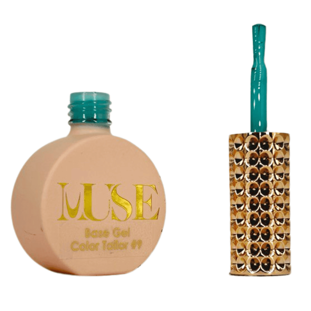 This image displays a bottle of nail polish or gel with the label "MUSE Base Gel Color Tailor #9" on the left, indicating it as a particular shade within a beauty product range. Next to it is the brush applicator, which has a distinctive handle embellished with two rows of alternating gold and black studs, suggesting an upscale and ornate design.