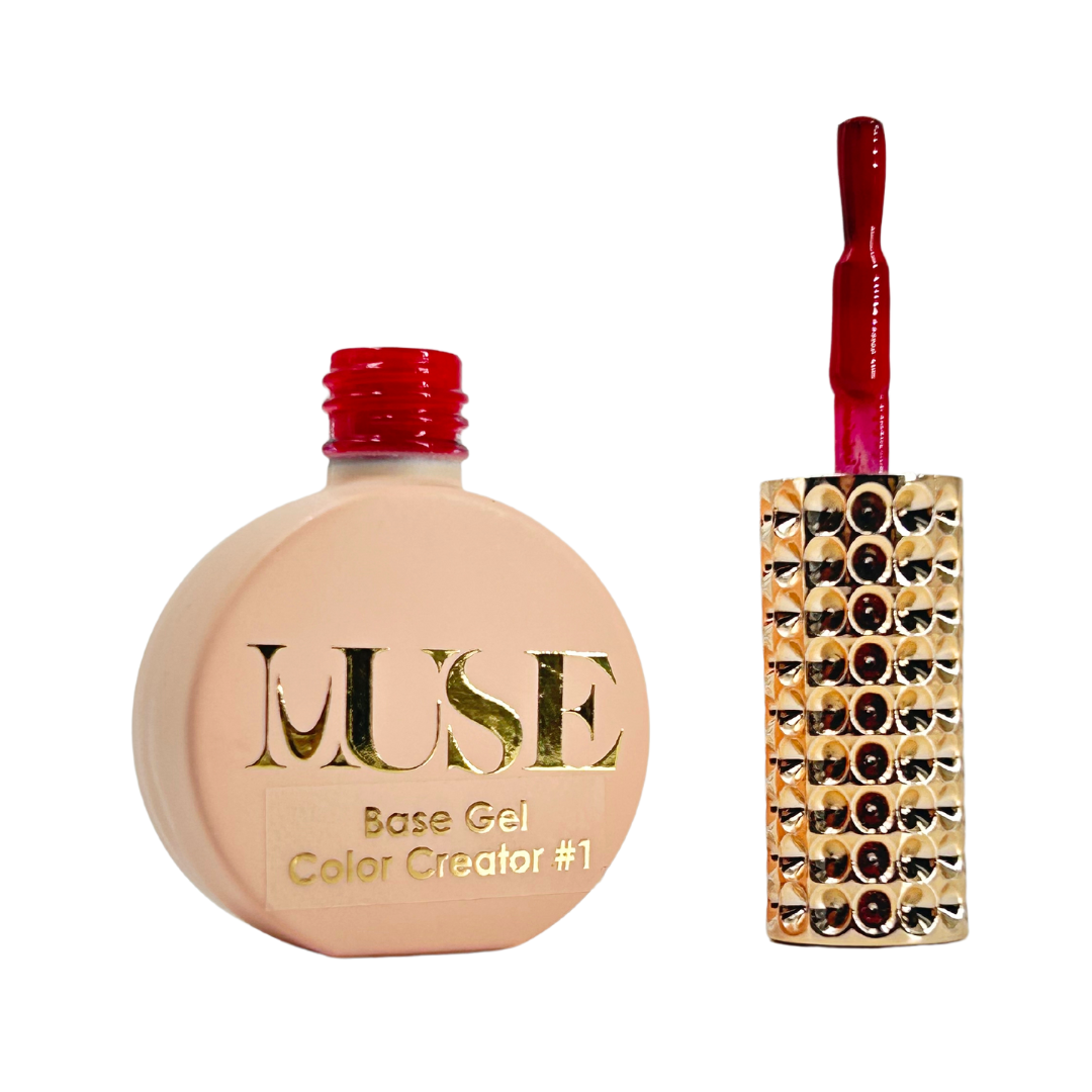 A bottle of MUSE Base Gel Color Creator #1 in vibrant red with a luxurious gold-studded cap and a high-precision brush applicator.