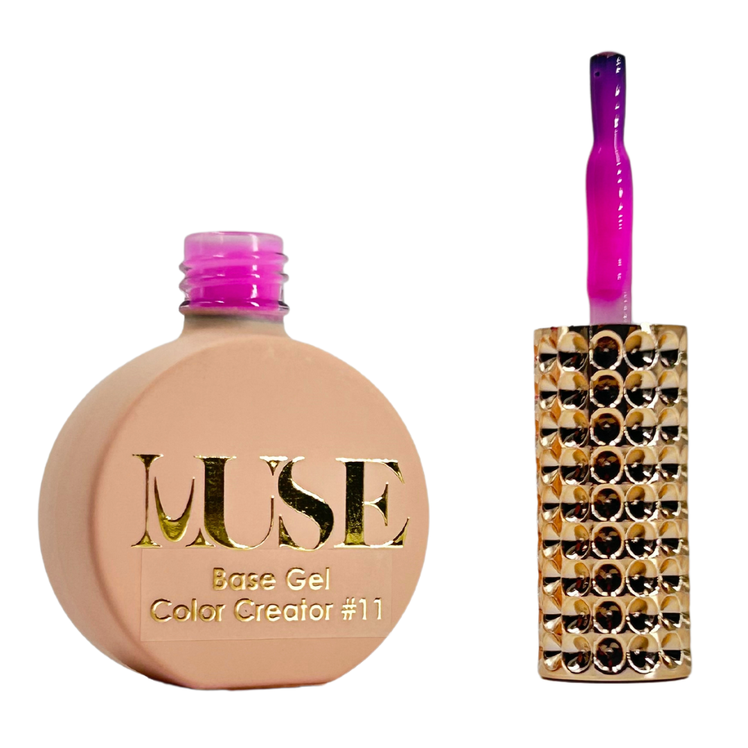A bottle of MUSE Base Gel Color Creator #11 with a vibrant pink cap and a crystal-studded brush handle, indicative of the bold pink gel polish color within.