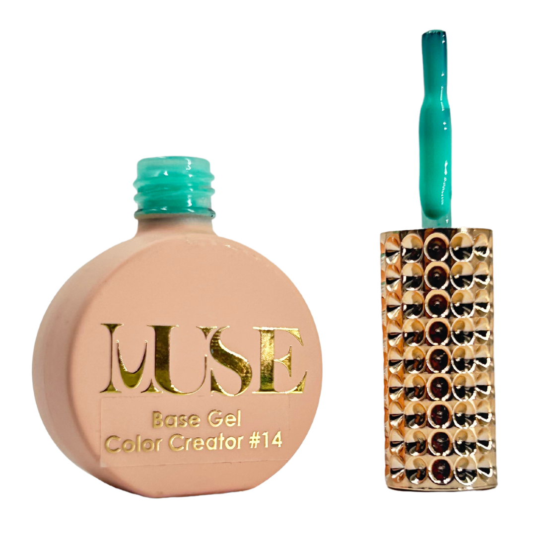 A bottle of MUSE Base Gel Color Creator #14 with a turquoise cap and a crystal-studded brush handle, suggesting a bright turquoise gel polish inside