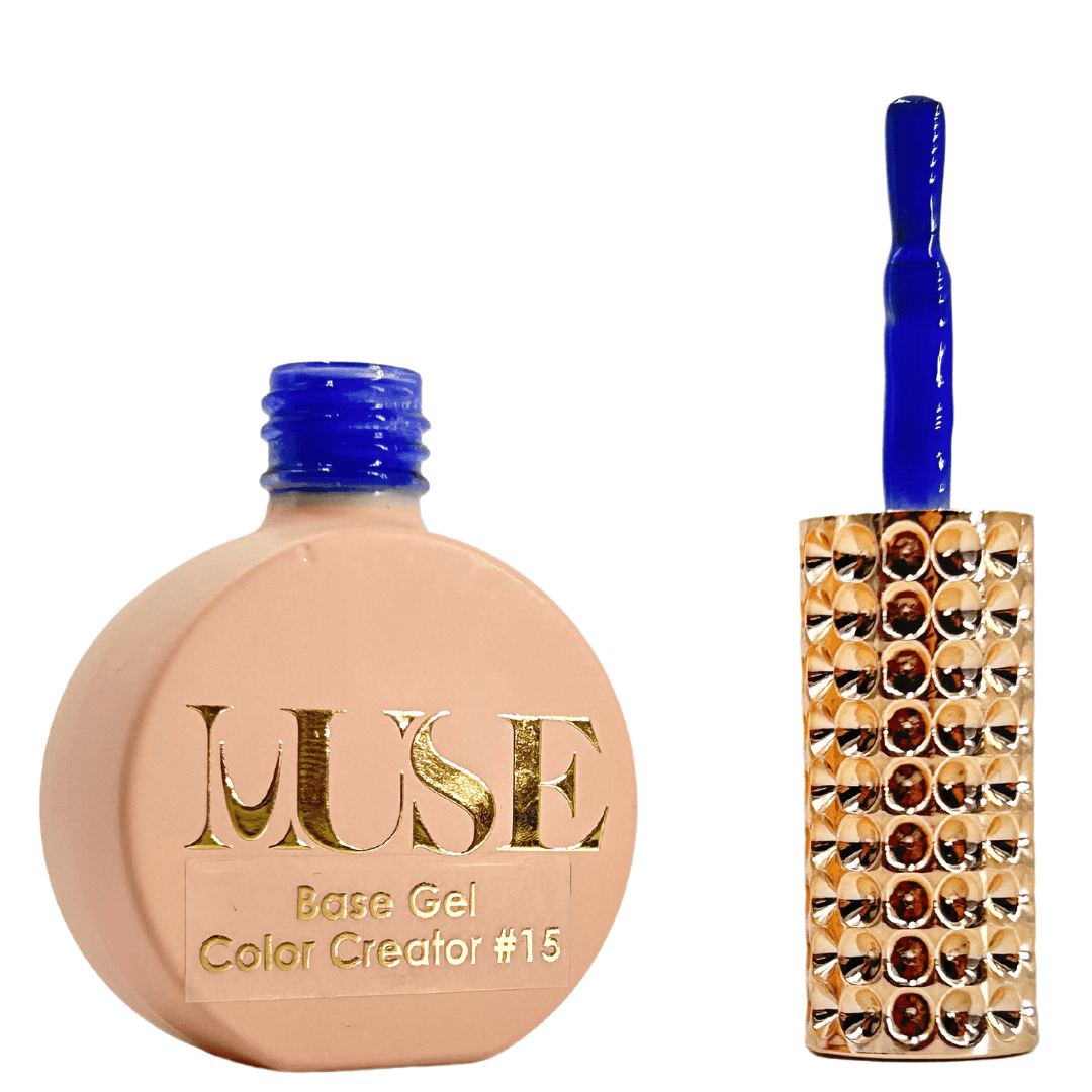 A bottle of deep blue nail base gel is displayed next to its brush with a matching deep blue color on the bristles. The bottle is labeled "MUSE Base Gel Color Creator #15" and is topped with a bright blue cap. The brush handle is embellished with a row of golden rhinestones, contributing to the product's elegant presentation.