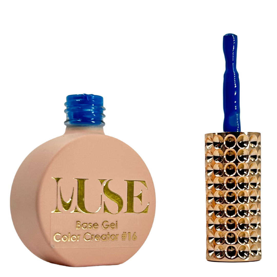 A bottle of MUSE Base Gel Color Creator #16 with a vivid blue cap and a crystal-studded brush handle, reflective of the deep blue gel polish it contains.