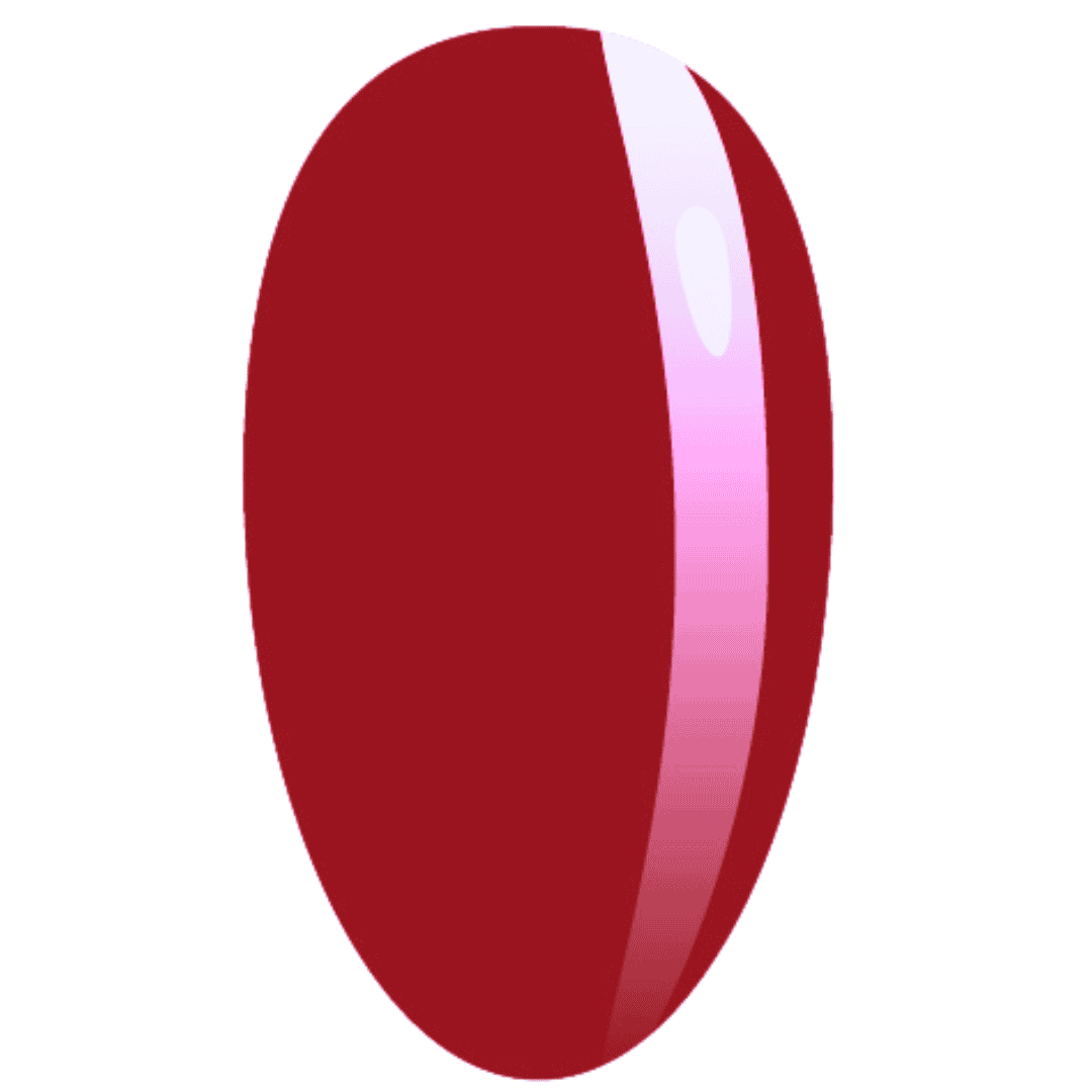 A graphic illustration of a nail painted in a rich, cherry red color with a glossy finish, featuring a subtle light pink highlight that indicates a smooth, shiny surface.