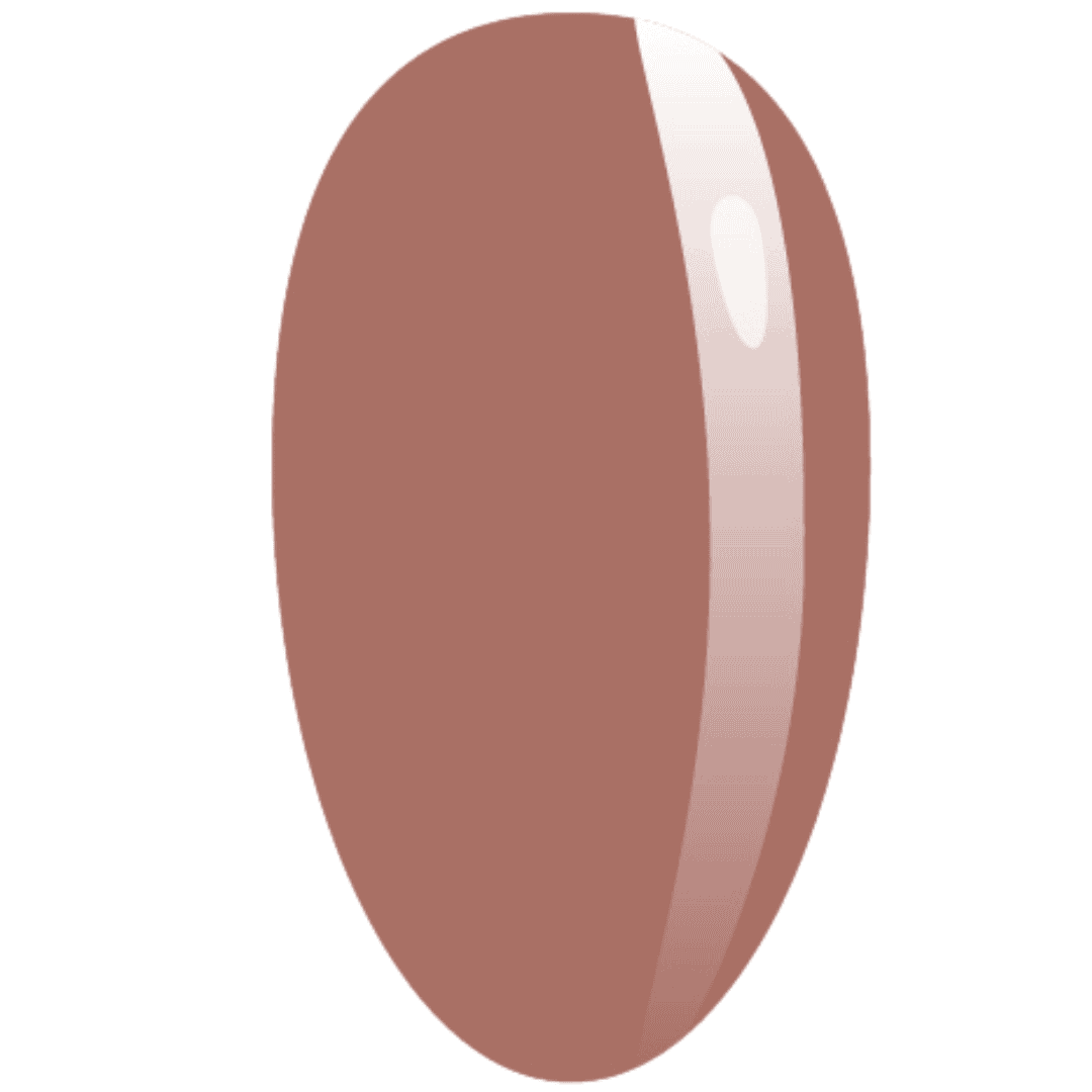  A digital rendering of a nail painted in a muted brown nude color with a creamy finish and a reflective white highlight on the side, suggesting a smooth, lustrous surface.